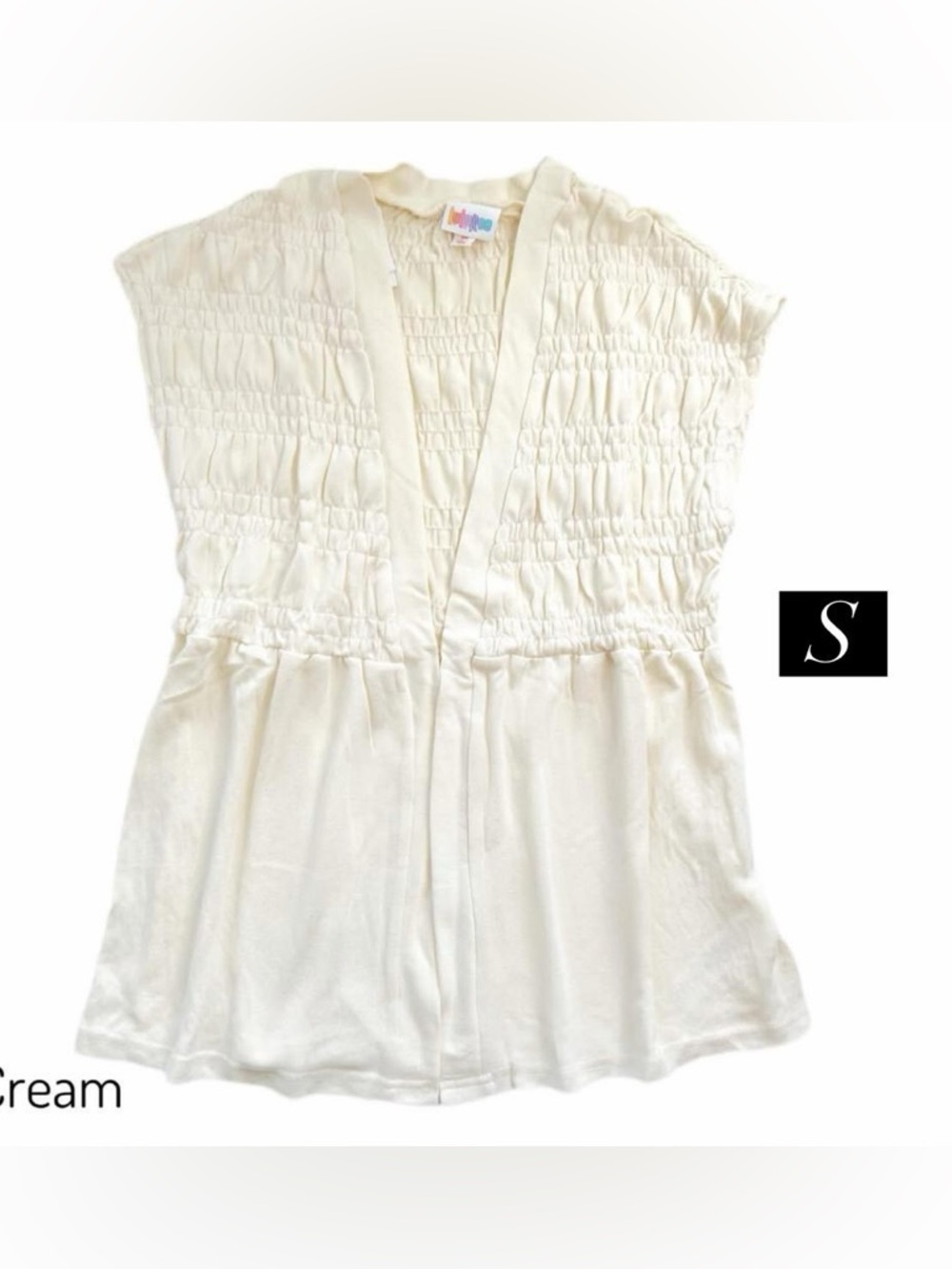 LuLaRoe Cream Smocked Short Sleeve Blouse